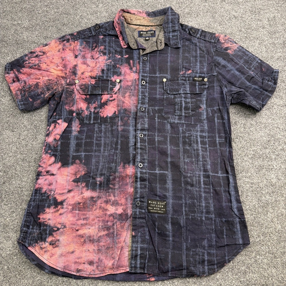 Marc Ecko Cut & Sew Men's Size L Blue Camouflage Short Sleeve Casual Shirt‎ Y2K